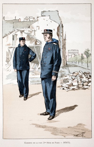 Guardians of Peace (Pariisin ensimmäinen kotipaikka 1870-1871). Etsaus väreillä, havainnollistamiseen "" History of the Corps of Peacekeepers""" -kirja, jonka on julkaissut Louis Lepinen (1846-1933) Seinen poliisin prefekti, Alfred Rey (1864-? tekijältä Unknown artist