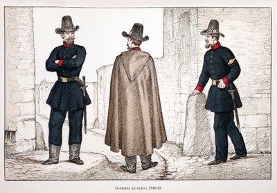 Rauhan vartijat (1848-1849). Etsaus väreillä, havainnollistava "" Rauhanturvaajien joukkojen historia"" -kirja, Louis Lepinen (1846-1933) Seinen poliisin prefektin suojeluksessa, Alfred Rey (1864-?) ja Louis Feron. tekijältä Unknown artist