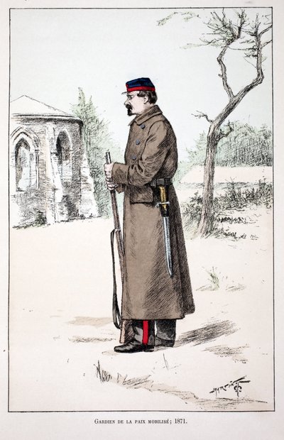 Guardians of the Peace mobilisoi (1871). Etsaus väreillä, havainnollistava "" Rauhanturvaajien joukkojen historia"" -kirja, Louis Lepinen (1846-1933) Seinen poliisin prefektin suojeluksessa, Alfred Rey (1864-?) ja Louis F. tekijältä Unknown artist