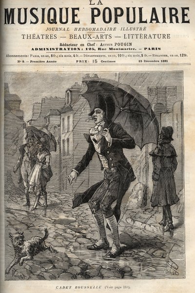 Guillaume Joseph Rousselle (Roussel), joka tunnetaan nimellä Cadet Rousselle (1743-1807), ranskalainen ulosottomies, sateen alla rue de Paris -kadulla. kaiverrus ”Populaarimusiikkiin” Kuvitettu viikkolehti - 1881 tekijältä Unknown artist