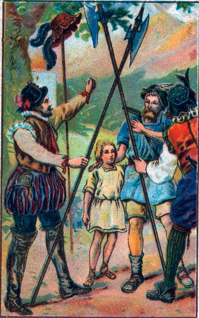 Guillaume Tell (William Tell) (legendaariset Sveitsin itsenäisyyden sankarit) kieltäytyi kumartamasta hattua. 1800-luvun lopun kromolitografia. tekijältä Unknown artist