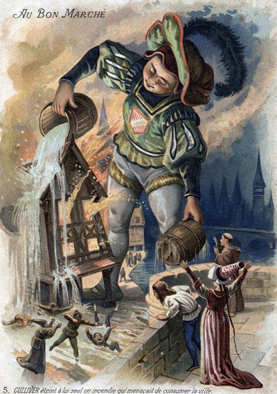 Jonathan Swiftin Gulliverin matkat.Gulliver yksin sytytti tulipalon, joka uhkasi kuluttaa kaupungin Lilliputissa. Kromolitografia 1800-luvulla. (halpa). tekijältä Unknown artist