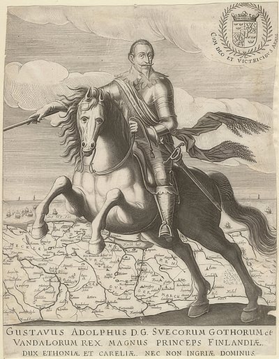 Kustaa II Adolf Pommerin kartan edessä taustalla. 1630 tekijältä Unknown