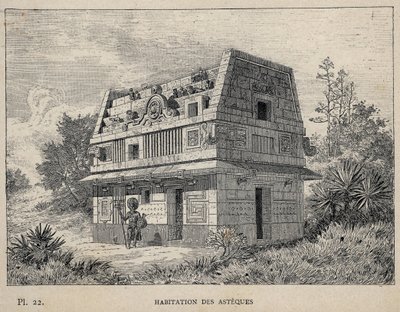 Habitation des Asteques (Atsteekit) (joku atsteekeista) - kaiverrus vuodelta 1889 Charles GARNIERin kirjoittamassa "Ihmisasumisen historia vuoden 1889 yleisnäyttelyssä - Librairie centrale des beaux-arts Paris 1889" tekijältä Unknown artist