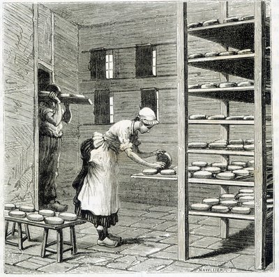 Haloir (tai kuivausrumpu) camembert-juuston valmistukseen - Louis Figuierin teoksessa "Teollisuuden ihmeet" tekijältä Unknown artist