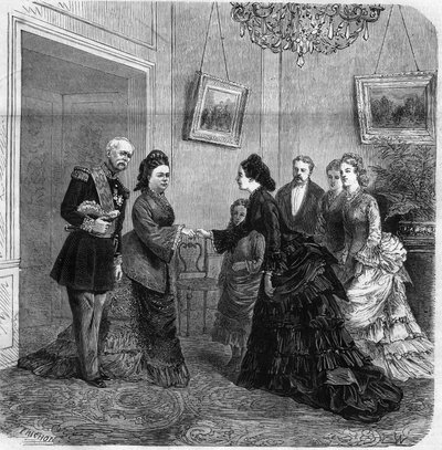 Kädessä Elisabeth de Mac Mahonin (1834-1900) ja itävaltalaisen impress Elisabeth de Wittelsbachin (1837-1898) (Sissi) välillä Ranskan tasavallan presidentin Patrice de Mac-Mahonin (1808-1893) Itävallan vierailun aikana. 1875. Kaiverrus "Universumi tekijältä Unknown artist