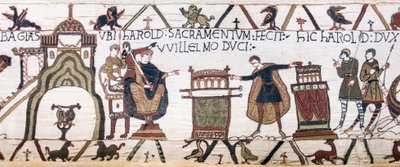 Harold vannoo pyhän valan Williamille Bayeux