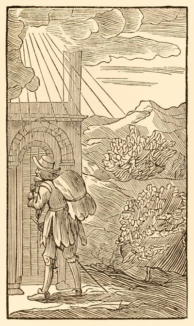 Sen, joka astuu sisään, on ensin seisomatta kolkuttamatta portilla… teoksesta Pyhiinvaeltajat etenevät tästä maailmasta, siihen, mikä on tuleva, John Bunyan (1628-1688) Pyhiinvaeltaja saavuttaa sisäänkäynnin tekijältä Unknown