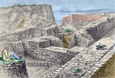 Heinrich Schliemann ottaa piirustuksia Troijan (Hissarlik) seinistä kaivausten aikana tekijältä Unknown artist