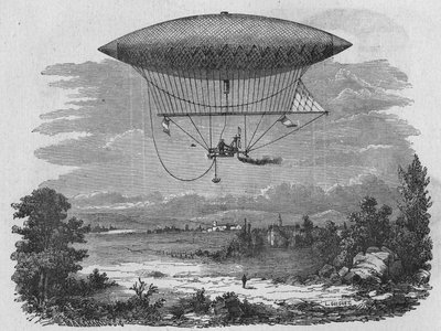 Henry Giffard testaa 44 metriä pitkää höyryaerostaattia. Julkaisussa "Album of Science", Editions Jouvet tekijältä Unknown artist