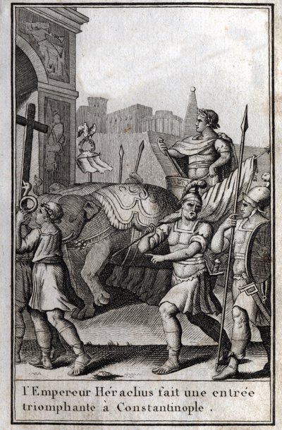 Herakleios I (Flavius Heraclius, Herakleios (noin 575-610/641), Bysantin keisari, teki voittoisan sisäänkäynnin Konstantinopoliin. Hän kiipesi neljän norsun saavuttamiin vaunuihin ja toi eteensä otetun tosi ristin (pyhän ristin). alkaen tekijältä Unknown artist