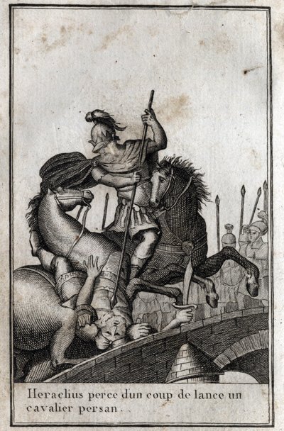 Heraklius I (Flavius Heraclius, Herakleios (noin 575-610/641), Bysantin keisari, keihäs Persialainen ratsumies (sota persialaisia vastaan), 7. vuosisata. Kaiverrus "Beaute de l