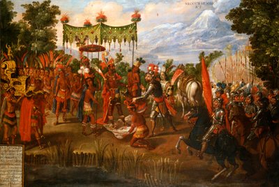 Hernan Cortes tapaa keisari Moctezuman tekijältä Unknown artist