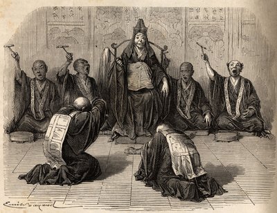 Buddhalainen ylipappi palvotaan, opetuslastensa ympäröimänä rituaalia gongilla ja symbaaleilla. Kaiverrus havainnollistamaan matkaa Japaniin vuosina 1863-1864, Sveitsin valaliiton ministeri Aime Humbert, "Le tour du monde, nouveau journal" tekijältä Unknown artist