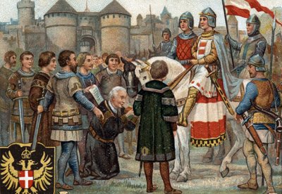 Historiallisia jaksoja kuuluisista kaupungeista: Rudolph of Habsburg (Rodolph I of the Holy Empire 1218-1291) otti Wienin haltuunsa (1276). Rodolf I oli roomalaisten kuningas ja ottamalla Wienin kaupungin haltuunsa hän perusti Habsburgien vallan. Chromol tekijältä Unknown artist