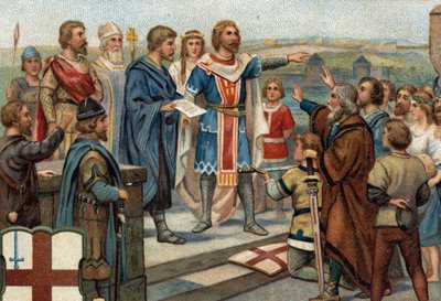 Historiallisia jaksoja kuuluisista kaupungeista: Alfred Suuri (849-899) palauttaa Lontoon entisille asukkailleen (886), "Alfredin ja Guthrumin rauha" merkitsi anglosaksien voittoa tanskalaisia (= viikingejä) vastaan. 1800-luvun kromolitografia. tekijältä Unknown artist