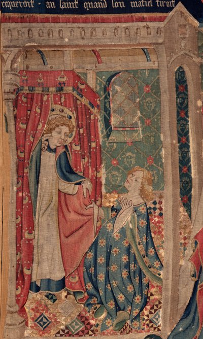 Saint Piatin ja Saint Eleuthèren historia, kohtaus 11: Saint Eleuthèren kiusaukset (Tribuunin tytär kuolee, jotta hän ei voi saada hullua rakkautta, jota pyhimys vaatii, kun hänen viittansa vetää). Yksityiskohta. tekijältä Unknown artist