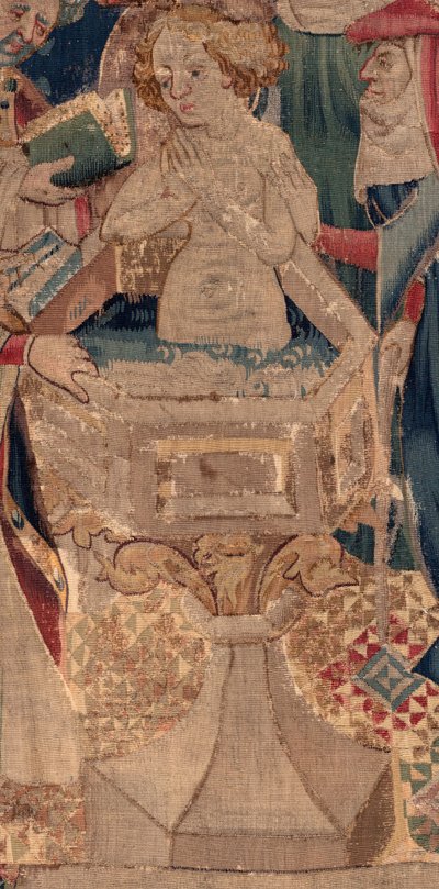 Saint Piatin ja Saint Eleuthèren historia, kohtaus 13: Blandan kaste (Kuinka hyvät pyhät kastoivat tytärtribuunin, joka keräsi varoja erittäin suurella mysteerillä: Blande, joka oli hyvän pyhimyksen äiti). Yksityiskohta. tekijältä Unknown artist