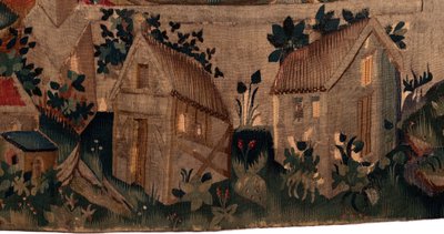 Saint Piatin ja Saint Eleuthèren historia, kohtaus 7 maanpaossa olevien kristittyjen kaste, Yksityiskohta alhaalla. Kaksi taloa. tekijältä Unknown artist