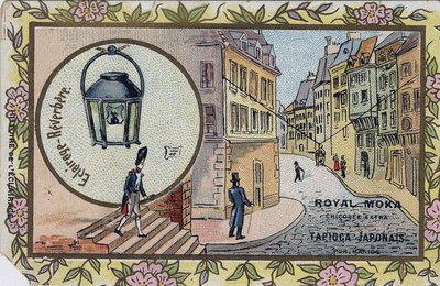 Valaistuksen historia: Katuvalojen valaistus. Kromolitografia kääreessä Royal Moka chicoreen. tekijältä Unknown artist