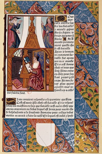 Painamisen historia: kustantaja Antoine Verard (? -1513) sävelsi kirjaansa. Käsikirjoituksesta vuodelta 1494. tekijältä Unknown artist