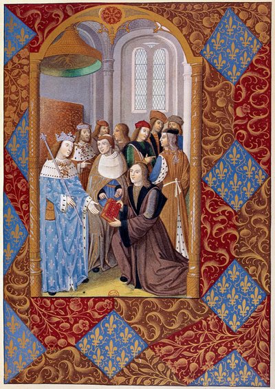 Painamisen historia: kustantaja Antoine Verard (? -1513) esittelee kirjansa kuningas Kaarle VIII:lle. Käsikirjoituksesta vuodelta 1494 tekijältä Unknown artist