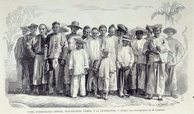 Ranskan siirtomaiden historia: Guadeloupessa työskentelevät kiinalaiset siirtolaiset. Piirros valokuvan perään 1800-luvun lopun Chartres musee des Beaux Artsista tekijältä Unknown artist