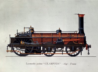 Kuljetuksen historia: veturimalli, Crampton-järjestelmä nimetty Thomas Russell Cramptonin (1816-1888), brittiläisen insinöörin mukaan: hän loi nopean veturin. Kaiverrus vuodelta 1849 Pariisi, koristetaide tekijältä Unknown artist