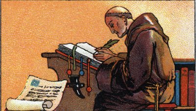 Kirjoittamisen historia: kopioiva munkki kopioi käsikirjoituksia keskiajalla, 1900-luvun alku (chromo) tekijältä Unknown Artist