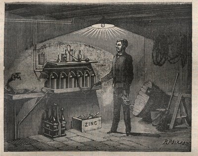 Home Electricite: Radiguetin keksimän akun asennus kellariin - Kaiverrus "La Science francaise" tekijältä Unknown artist