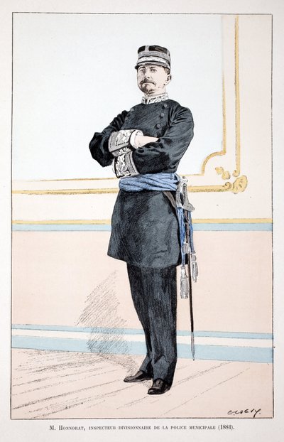 Honorat, kunnanpoliisin osastotarkastaja (1884). Etsaus väreillä, havainnollistamiseen "" History of the Corps of Peacekeepers"" -kirja, joka on julkaistu Louis Lepinen (1846-1933) Seinen poliisin prefektin suojeluksessa, Alfred Rey tekijältä Unknown artist