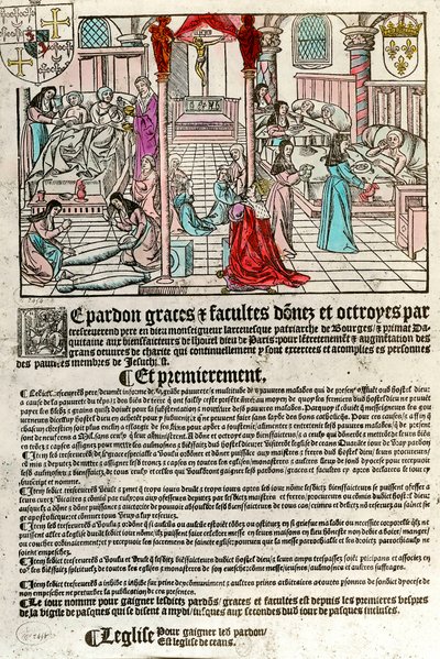 Sairaala 1500-luvulla: Hemmotuskirje (Oikealla: sairaalakohtaus. Agauche: kuolee ja kuolee). Kaiverrus 1500-luvulta. Yksityinen kokoelma. tekijältä Unknown artist