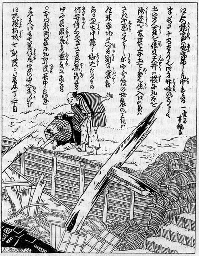 Talo tuhoutui maanjäristyksessä. Fac-simile (Fac-simile) kaiverruksesta japanilaisesta maanjäristysteoksesta. Kaiverrus "" La Nature: revue des sciences et de leurs applications aux arts et a l