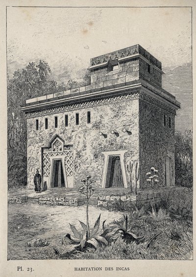 Inkojen asunto - kaiverrus vuodelta 1889 Charles GARNIER:n kirjoittamassa "Ihmisasumisen historia vuoden 1889 yleisnäyttelyssä - Librairie centrale des beaux-arts Paris 1889" tekijältä Unknown artist