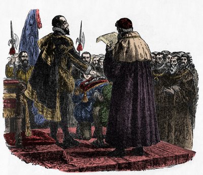 Hugh Capet vannoo hallitsijan valan - Hugues Capet (noin 941-996) frankkien kuningas, vannoi suvereenin valan vuosina 987-1882 tekijältä Unknown artist