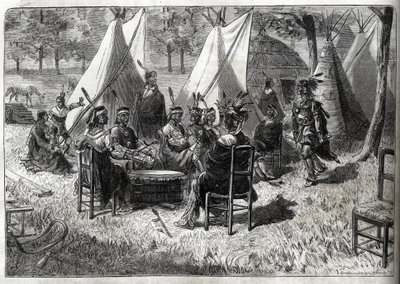 Ihmiseläintarhat - Ihmiseläintarha - Etnologiset näyttelyt - Mohas-intiaanit sopeutumispuutarhassa (The Illustrious Diary of 1883) - Viisitoista Nebraskan amerikkalaista tekijältä Unknown artist