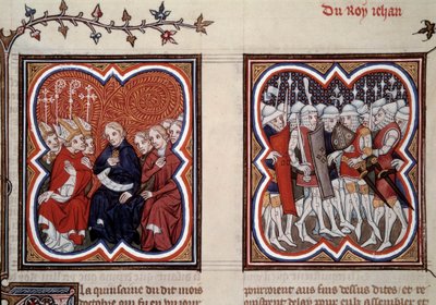 Satavuotinen sota: ”Vasemmalla tuleva delfiini Kaarle V viisas (1338-1380) (tällä hetkellä valtionhoitaja) ja yleisvaltioiden valtuutetut määräsivät hänen isänsä Johannes II:n vapauttamisen Poitiersin taistelun jälkeen vuonna 1356, häntä ympäröi Etien tekijältä Unknown artist