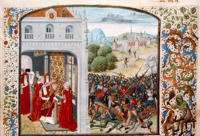 Satavuotinen sota: "" Paavi Gregoire XI (1329-1378) kruunasi Avignonin vuonna 1370. Pontvallainin taistelu ranskan ja englannin välillä 12.4.1370"" Pienoiskuva Jean Froissartin (1337-1400) "Kroonikista" 1500-luvun Pariisi. B.N. tekijältä Unknown artist
