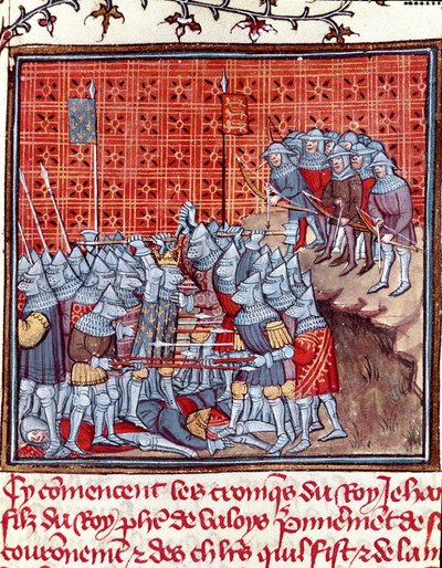 Satavuotinen sota: "" Ranskan kuningas Johannes II Hyvä (1319-1364) taistelun aikana""" Miniatyyri otettu Jean Froissartin (1337-1400) "" Les grandes Chronicles de France -kirjasta"" 1300-luvun Chantilly , Musee Conde tekijältä Unknown artist