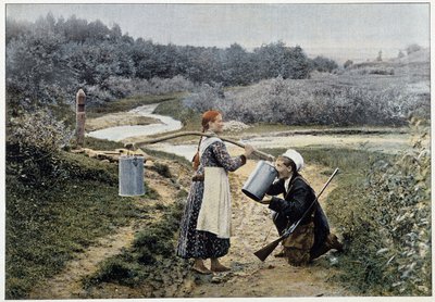 Metsästäjä ja tyttö suihkulähteellä (Venäjä) - valokuvaus, 1800-luvun loppu tekijältä Unknown artist