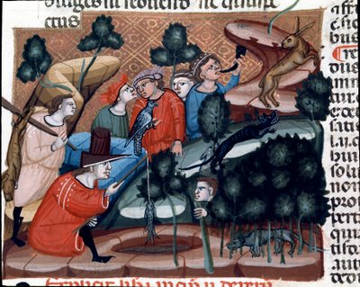 Metsästyskohtaukset Miniatyyri otettu Justinianus-koodista (Codex Justinianus), kokoelma lakeja ja instituutioita, jotka julkaistiin Bysantin keisarin Justinianus I:n (483-565) alaisuudessa. tekijältä Unknown artist