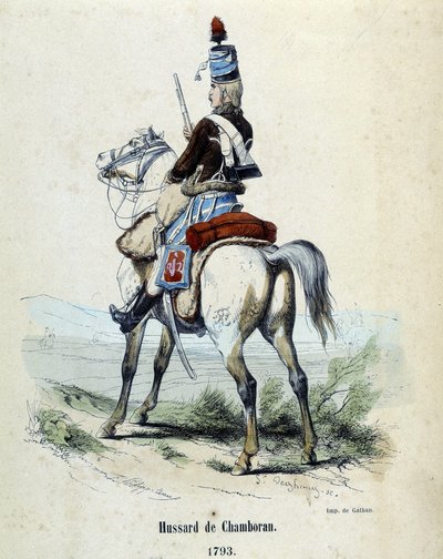 Hussar de Chamborant 1793 hevosen selässä. tekijältä Unknown artist