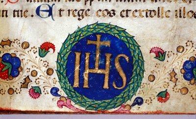 IHS kristillinen symboli, jonka merkitys on Jeesus. 1500-luvun käsikirjoitus. tekijältä Unknown artist