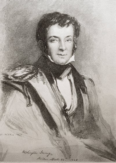 IRVING, Washington (1783-1859). Yhdysvaltalainen kirjailija ja historioitsija. Muotokuva otettu Sevillassa (1828). Litografia. tekijältä Unknown artist