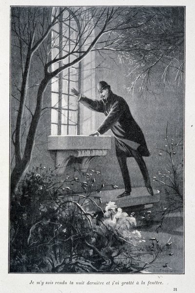 Menin eilen illalla ja raapisin ikkunaa, esimerkkiä Conan Doylen teoksesta "The Permiers Exploits of Sherlock Holmes". Sd. noin 1890 tekijältä Unknown artist