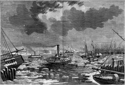 Jäähäviö New Yorkissa (New York), Yhdysvalloissa (Yhdysvallat) itäiseltä joelta katsottuna. Kaiverrus "" Maineikas universumi"" tekijältä Unknown artist