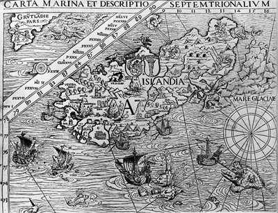 Islanti, noin 1539, yksityiskohta Cartan venesatamasta, ruotsalainen arkkipiispa Olaus Magnus (1490-1557) tekijältä Unknown artist