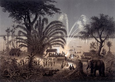 Joen valaistus Bassac-festivaalin aikana, siamilainen Laos. F. Garnierin johdolla vuonna 1873 julkaistussa "" Atlas of the exploration matkasta Indokiinassa suoritetusta matkasta vuosina 1866-1868". tekijältä Unknown artist