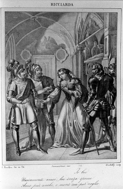 Kuvitus italialaisen runoilijan ja näytelmäkirjailija Ugo Foscolon (1778-1827) "Ricciardan" III näytökseen 1800-luku tekijältä Unknown artist