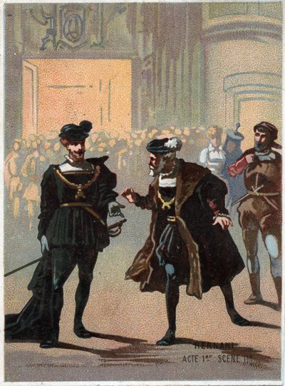 Italialaisen säveltäjän Giuseppe Verdin (1813 - 1901) kuvitus "" Ernani" -ooppera, näytös 1, kohtaus II, luotu vuonna 1844 Victor Hugon tragedian "" Hernani" jälkeen. 1800-luvun lopun kromolitografia. tekijältä Unknown artist
